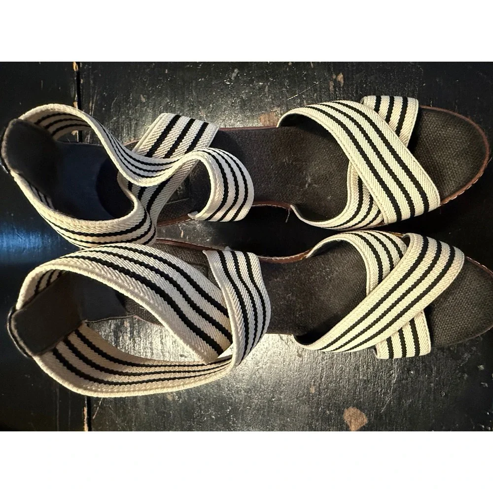 Tory Burch Women Black White Striped Elastic Espadrille Wedge Sandals Size 9
